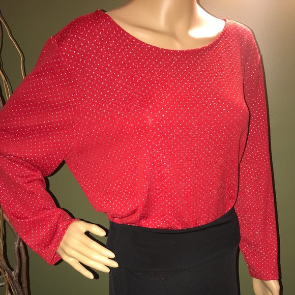 RUBY RD Classic RED & Metallic Silver Dotted "Shark Bite" Long Sleeve Tunic~EUC! - Picture 4 of 11